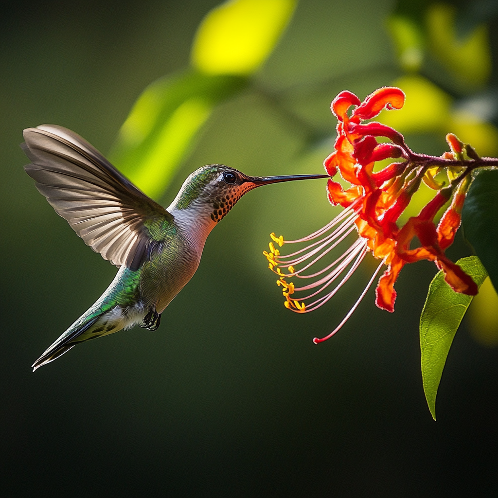 Hummingbird from Costa Rica hovering over a red flower